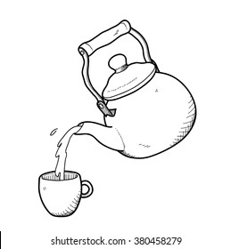 Pouring Drink, a hand drawn vector doodle illustration of a drinking pot pouring a drink to a mug.