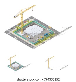 Pouring the foundation of a residential building isometric lowpoly ion set vector graphic illustration