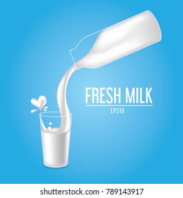 Pouring fresh milk splash to heart shape realistic vector illustration