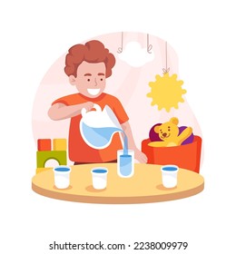 Pouring a glass of water isolated cartoon vector illustration. Child pouring himself water in glass, kid having drink, toddler self-care skill, developmental milestone, daycare vector cartoon.