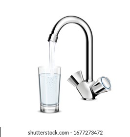 Pouring glass of water from stainless steel kitchen faucet on white background realistic vector illustration