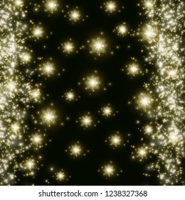 pouring golden snow, shiny particles pouring down glowing borders on a dark background, postcard decoration