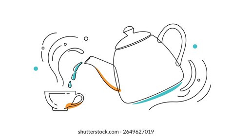 Pouring hot beverage from a teapot into a cup with steam and splashes illustrating a refreshing drink
