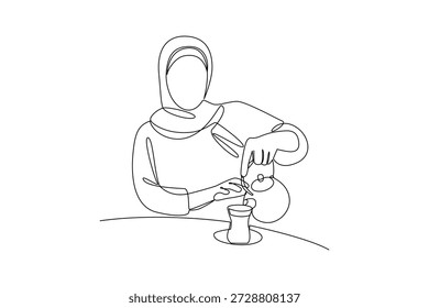 Verter La Bebida Caliente. Actividad en Ramdhan Concept. Diseño de dibujo de una sola línea. Vector ilustración gráfica