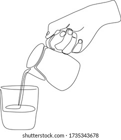 Pouring hot milk from a jug into a cup. Continuous single line drawing vector  