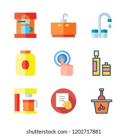 pouring icon set. vector set about coffee maker, wine, olive oil and coffee pot icons set.