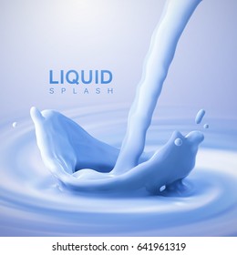 Pouring liquid blue crown splash on swirling whirlpool creamy background. Vector 3d illustration for food or cosmetics ad poster design