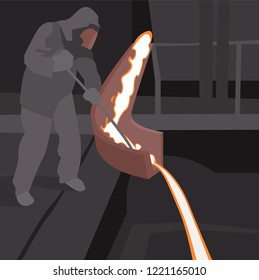 Pouring Of Liquid Metal In Open Hearth Workshop.Steel Worker At Work.Vector Illustration