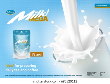 Pouring Milk Ad with Cup And Pack. EPS10 Vector