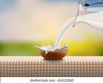 Pouring milk in clay bowl with splash, lot of drops and standing on orange checkered napkin on bright outdoor background, high quality realistic vector illustration