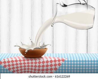 Pouring milk in clay bowl with splash, lot of drops standing on red and blue checkered napkin on bright wood background, high quality realistic vector illustration