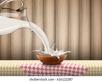 Pouring milk in clay bowl with splash, lot of drops standing on red and yellow checkered napkin on wood background, high quality realistic vector illustration