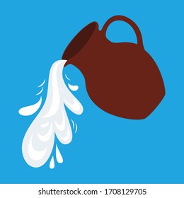 pouring milk from a clay jug. vector flat illustration. white liquid, drink, dairy products flowing over the edge.