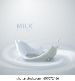 Pouring Milk Crown Splash On Swirling Whirlpool Creamy Background. Vector 3d Illustration For Food Dairy Product Or Cosmetics Ad Poster