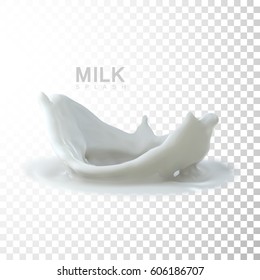 Pouring milk crown splash. Vector 3d illustration for food or cosmetics ad poster. Creamy crown splash isolated on checkered transparent background.