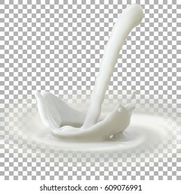Pouring milk crown splash. Vector 3d illustration for food or cosmetics ad poster. Creamy crown splash isolated on checkered transparent background.