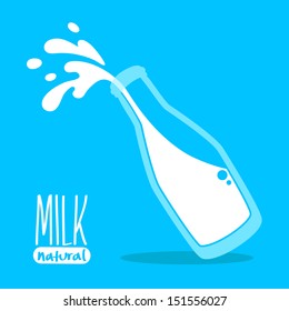 Pouring Milk In A Glass Bottle On Blue Background, Vector Illustration