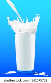 Pouring milk in a glass on blue background. Vector illustration.