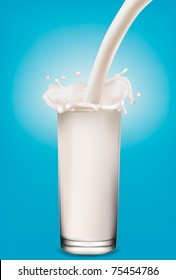 Pouring milk in a glass on blue background. Vector illustration.