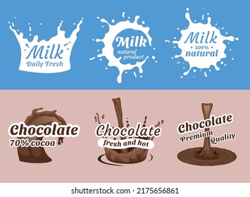 Pouring milk and hot chocolate splashes flat emblems set isolated vector illustration