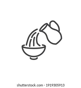 Pouring milk into bowl line icon. Water jug and bowl linear style sign for mobile concept and web design. Cooking and baking instruction outline vector icon. Symbol, logo illustration. Vector graphics