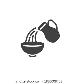 Icono del vector del intestino de leche. La jarra de agua y el tazón llenaron la señal plana para el concepto móvil y el diseño web. Icono de glifo de instrucción de hornear. Símbolo, ilustración del logotipo. Gráficos vectoriales