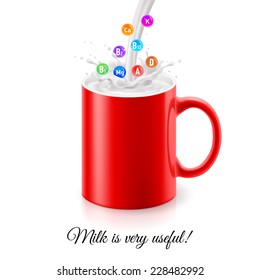 Pouring milk into red mug with illustration of various vitamins in splashes
