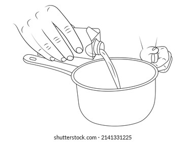 Pouring Milk Into A Saucepan. Carton Of Milk In Hand. Vector Sketch Illustration.