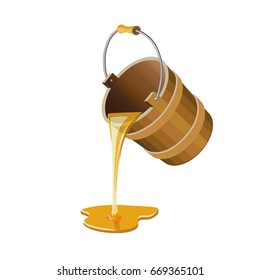 Pouring the milk into the wooden bucket. Vector illustration