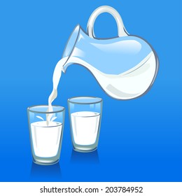 pouring milk from a jug into glasses. vector illustration