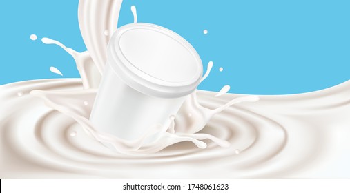 Pouring milk liquid splashing with packaging mock up isolated in the middle on solid color background, Vector realistic in 3d illustration. Food concept.
