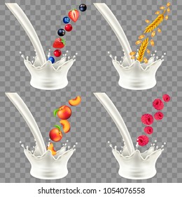 Pouring milk splash with forest fruits, cereals, peach and raspberry 3d realistic vector set