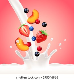 Pouring milk splash with fruits on pink background realistic vector