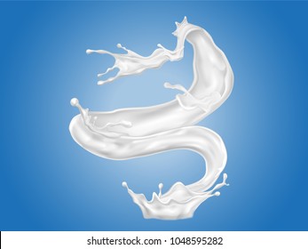 Pouring milk splash isolated on blue background, vector illustration.