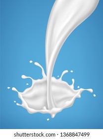 Pouring milk splash isolated on blue background. Vector illustration