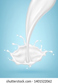 Pouring milk splash isolated on blue background. Vector illustration