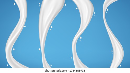 Pouring milk splash isolated on blue background. Vector realistic illustration