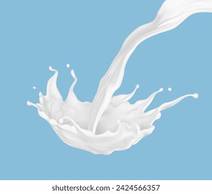 Pouring milk splash isolated on blue background. Natural dairy product, yogurt or cream splash. Realistic Vector illustration