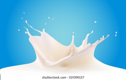 Pouring milk splash isolated on blue background, realistic vector illustration