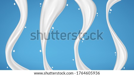 Pouring milk splash isolated on blue background. Vector realistic illustration