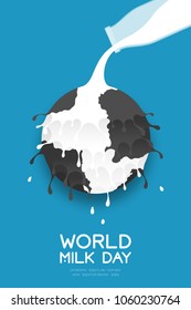 Pouring Milk splash world globe shape layer with cow pattern from bottle, World Milk Day concept flat design illustration isolated on blue background with copy space, vector eps 10