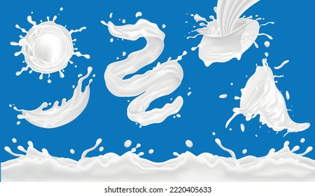 Pouring milk splashes of different shapes with drops realistic set isolated against blue background vector illustration