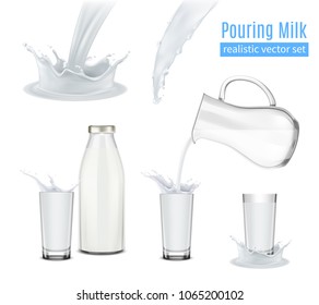 Pouring milk with splashes realistic icons set with glass jug bottle and beakers isolated vector illustration 