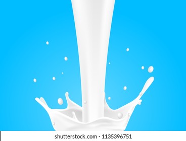Pouring milk splashing on the floor with blue background