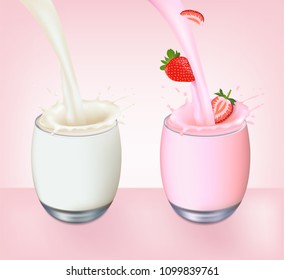 Pouring milk and strawberries into glass with a splash on pink background template. Vector set of fruit element for advertising, packaging design of strawberry products.
