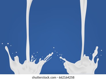 Pouring milk. Two white flow and splash. Colorful realistic vector illustration on blue background.