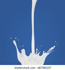 Pouring milk. White flow and splash. Colorful realistic vector illustration on blue background.