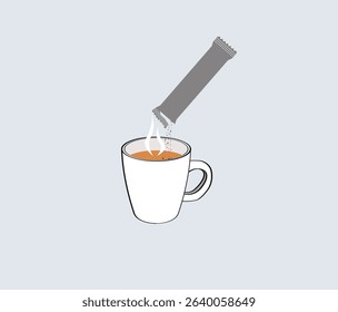 Pouring mini pack coffee into coffee mug. hand drawing. Vector illustrations