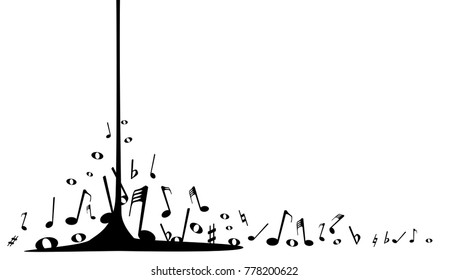 Pouring musical notes spashing and dancing around at the base