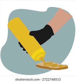 pouring mustard from a bottle onto bread